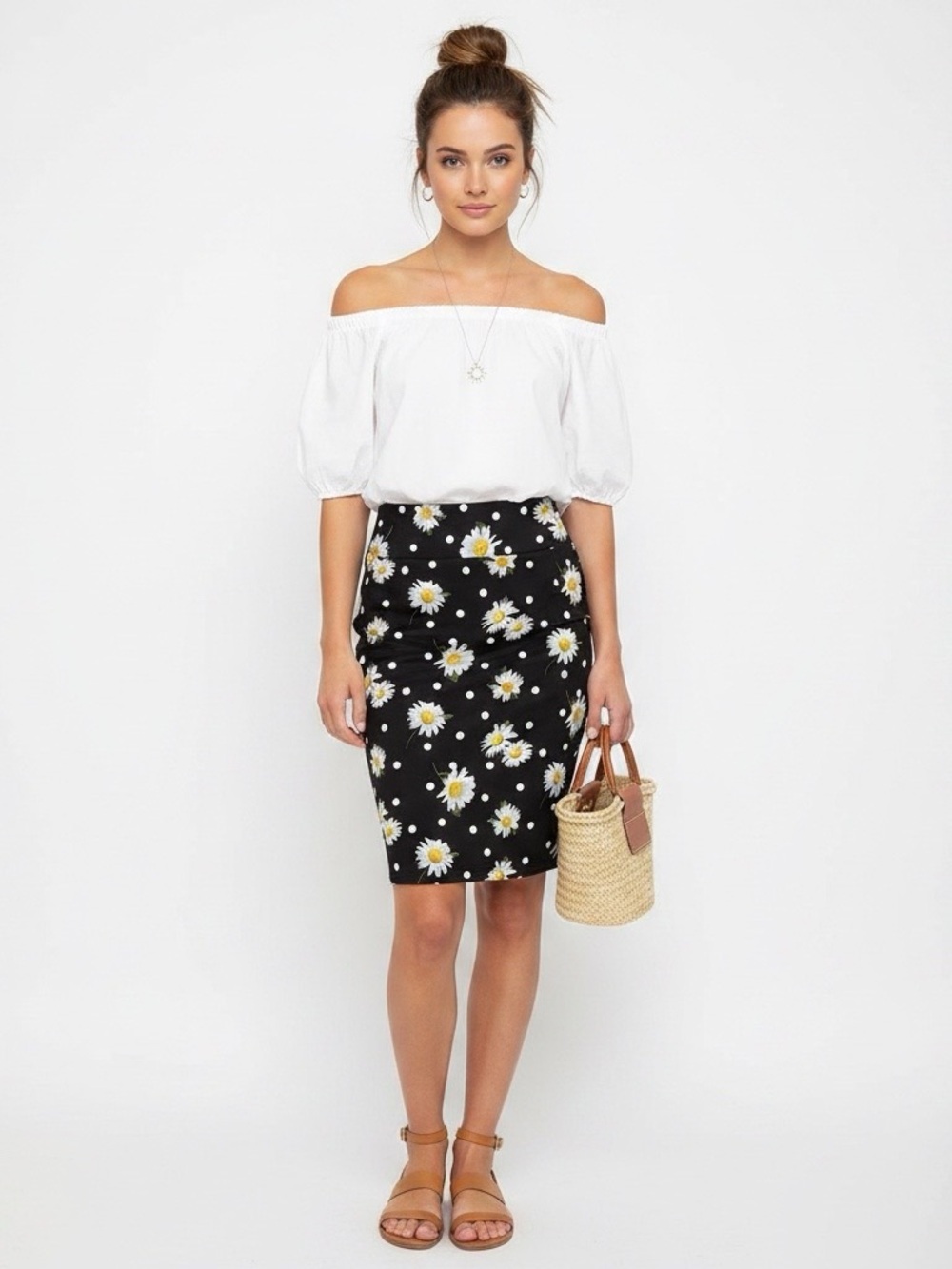 Silhouette Black Daisy Print Pencil Skirt-size1X-made in USA- USA coastal-office